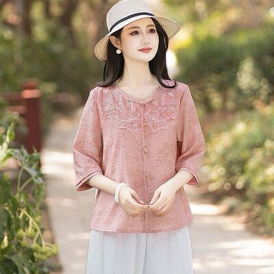 中老年妈妈春夏翻领显瘦开衫衬衫