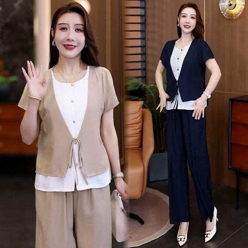9510时尚套装女夏季新款小个子假两件短袖上衣阔腿裤洋气两件套潮