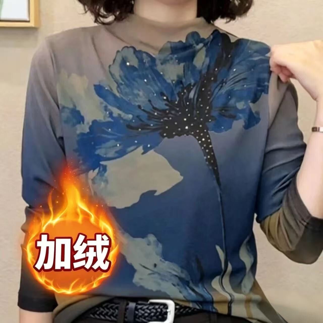 秋季复古烫钻半高领长袖显瘦T恤