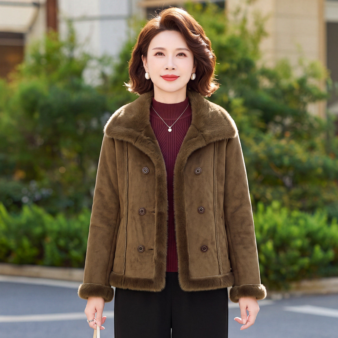 中年女洋气加绒翻领秋冬保暖外套妈妈加厚保暖上衣短款双排扣棉衣