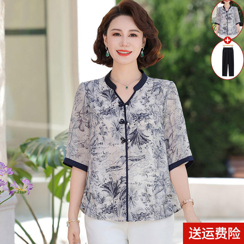 妈妈夏装新中式印花雪纺短袖T恤
