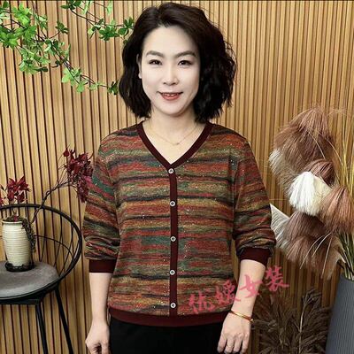妈妈春装V领条纹显瘦针织T恤