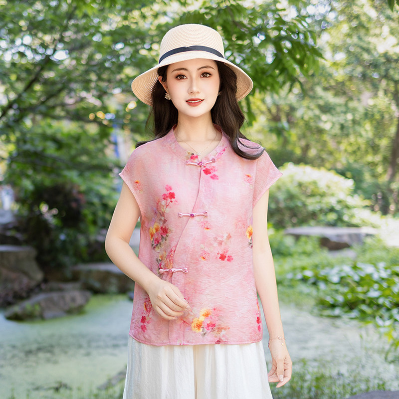 9631新中式国风夏季妈妈装宽松短袖印花衬衫减龄洋气显瘦印花小衫