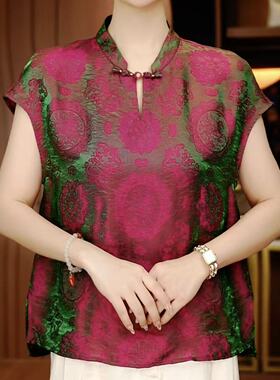 9611中老年新中式复古立领短袖上衣女夏季气质减龄妈妈显瘦花小衫