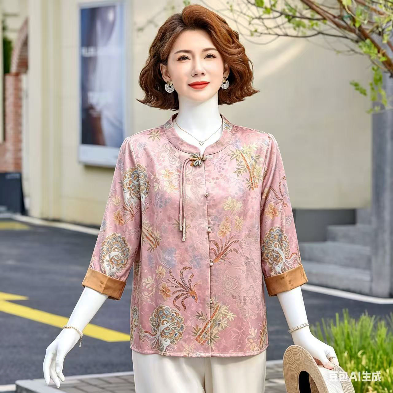 9329中老年女装洋气国风上衣外搭新中式妈妈春夏装七分袖印花外套