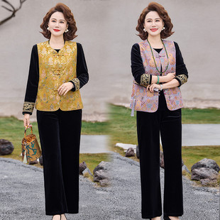 中老年女装 金丝绒套装 国风绣花马甲上衣三件套 新中式 9101妈妈春装