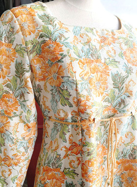vintage复古橙色织理感印花方领鱼尾花边连衣裙优雅法式气质高腰