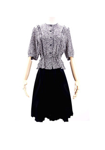 vintage复古裙装 小众气质 质感百褶黑白碎花连衣裙港风中古春季