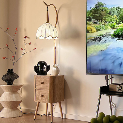 法式原木风床头柜落地灯客厅卧室沙发边几装饰网红置物架一体台灯