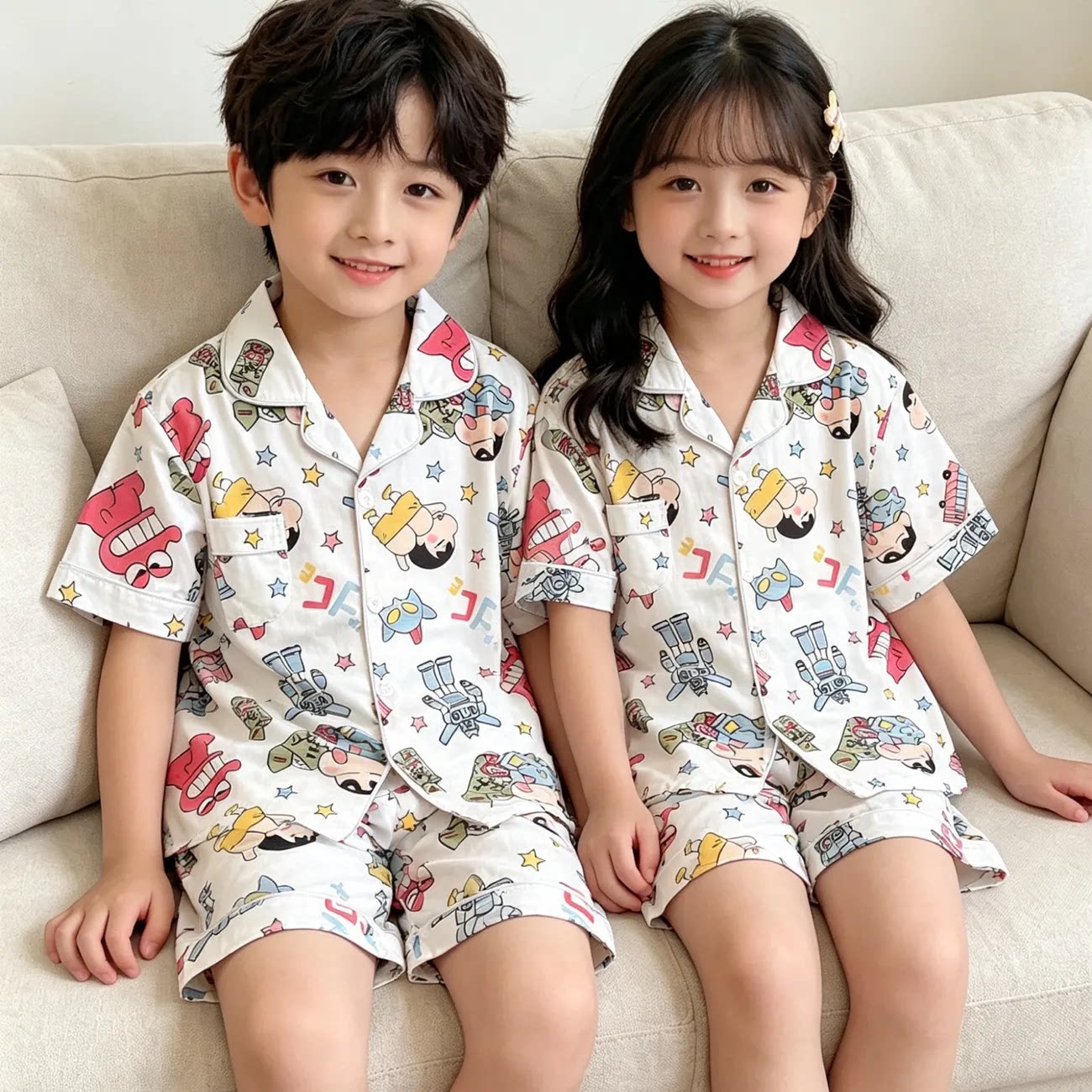 2026夏季儿童睡衣男童卡通机器人小新可爱薄款中大童家居服女套装