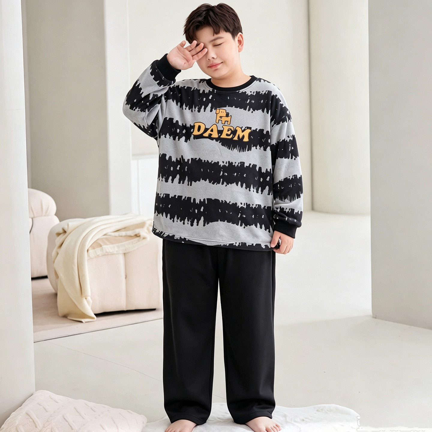 秋冬新款男童简约版条纹睡衣厚款套装青少年加厚宽松加大码家居服