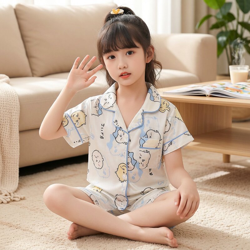 2026夏季新款女童冰丝开衫睡衣短袖短裤薄款中大童宝宝家居服套装