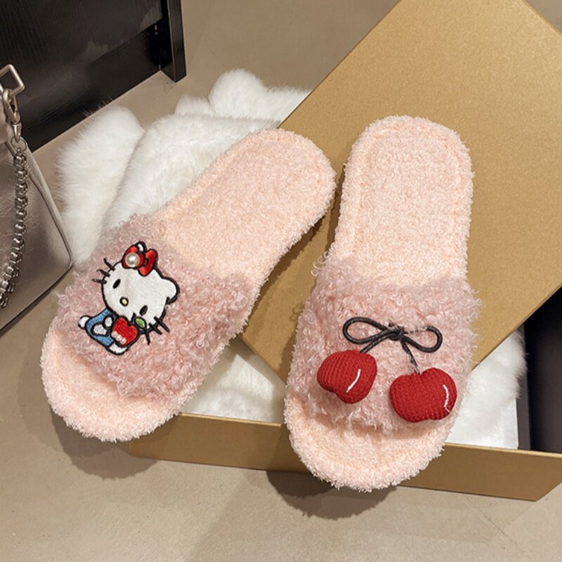 可爱卡通猫咪樱桃一字毛毛拖鞋女
