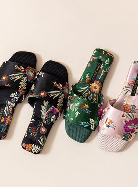 新中式国风织锦缎刺绣花朵拖鞋