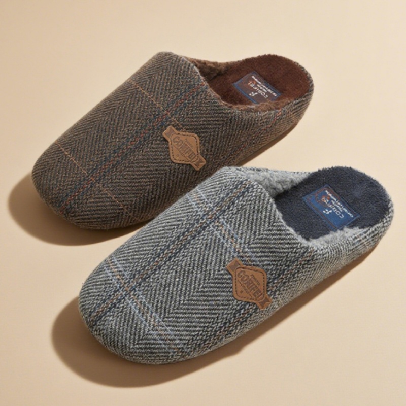 商务风格纹皮标加绒男士棉拖鞋