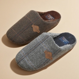 秋冬居家室内防滑保暖家用拖鞋 棉拖鞋 纹皮标加绒男士 高级商务风格