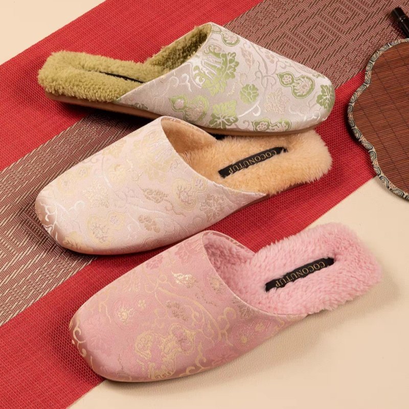新中式国风缎面刺绣提花加绒棉拖鞋女士秋冬居家室内防滑家用拖鞋,女鞋,包头拖,淘宝优惠券,粉丝福利购,淘宝优惠卷
