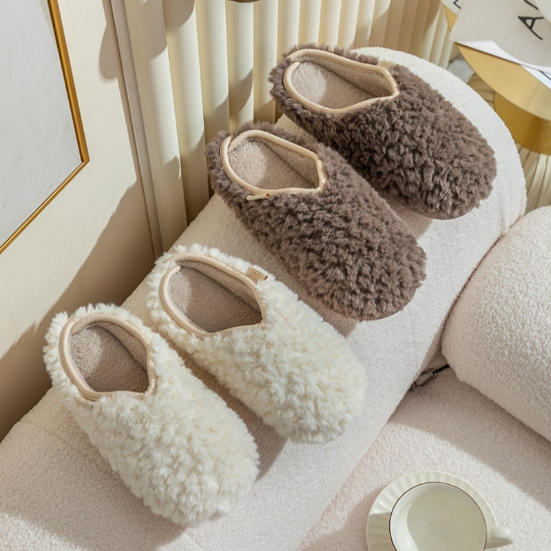 冬季简约纯色毛绒包边保暖包跟情侣棉鞋男女居家室内防滑棉拖鞋