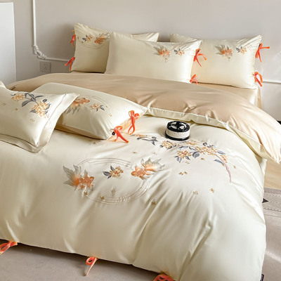 雅芳婷锦鲤刺绣长绒棉四件套