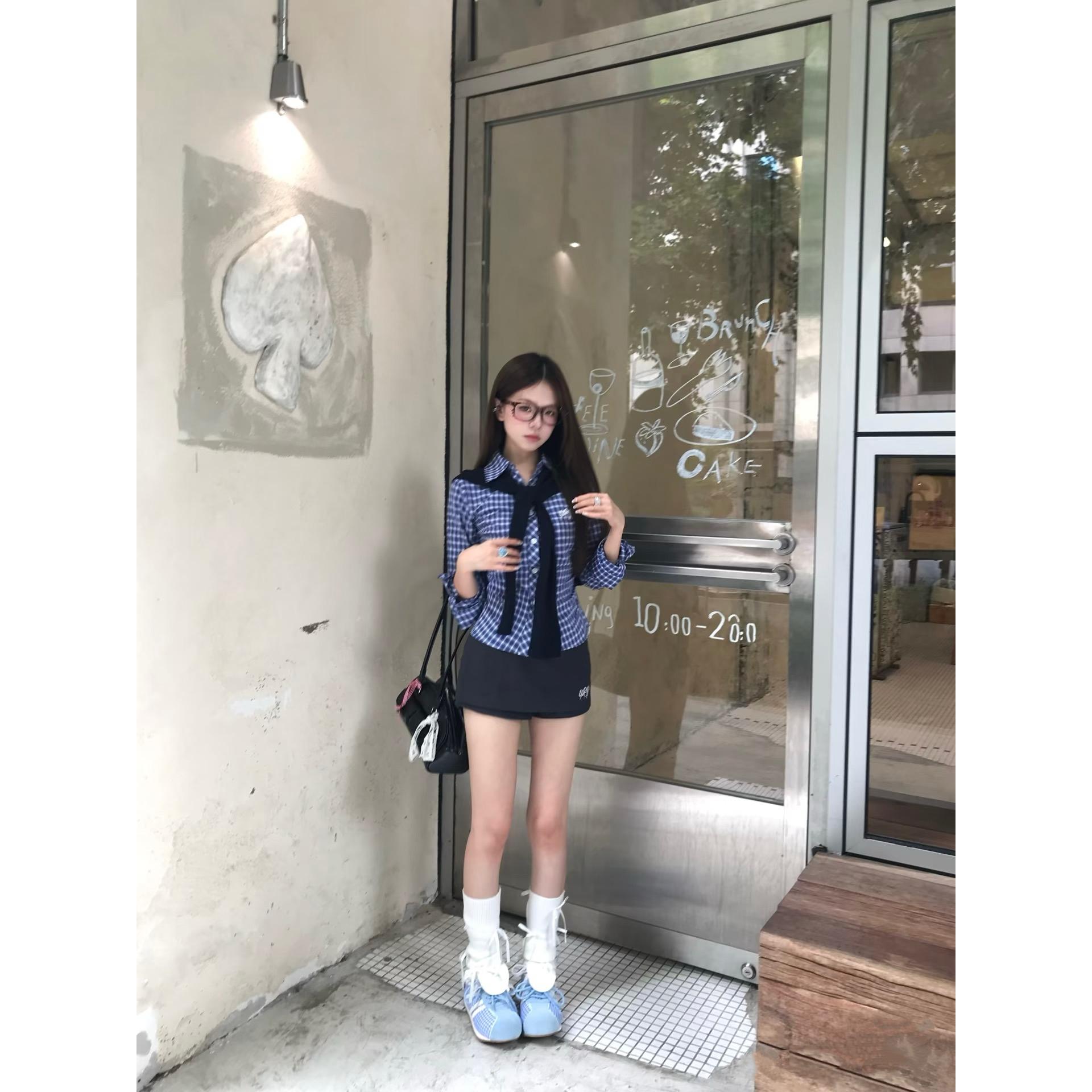 草莓少女   韩系修身百搭格子衬衫+披肩+短裙学院风套装