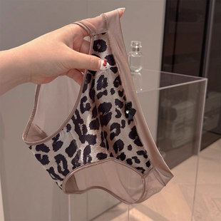 一件丝滑豹纹植绒网纱内裤女性感纯欲无痕蕾丝透明黑色低腰内裤