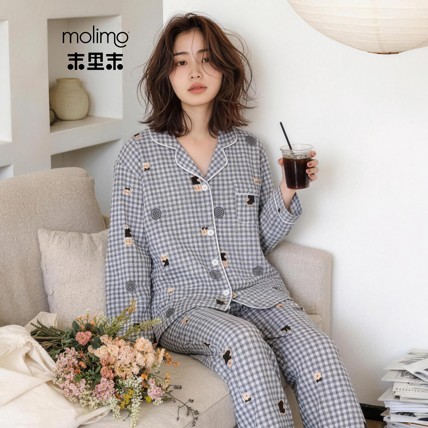 女士春秋款灰白格纹卡通长袖长裤