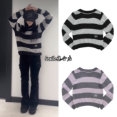 ason 毛衣kotone元 琴音同款 现货 露肩条纹镂空破洞一字领针织衫