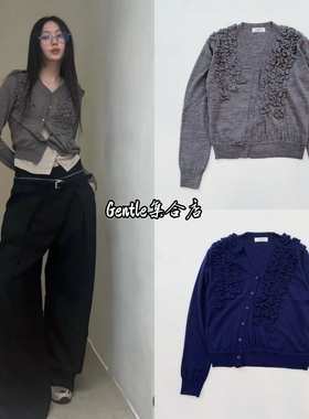 现货 LCDC 26早春新款 刺绣花立体褶皱设计V领长袖针织开衫上衣