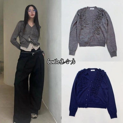 现货 LCDC 26早春新款 刺绣花立体褶皱设计V领长袖针织开衫上衣