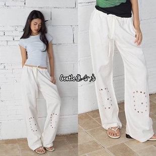 现货 Gimaguas 白色抽绳系带中低腰星星镂空刺绣直筒休闲裤长裤