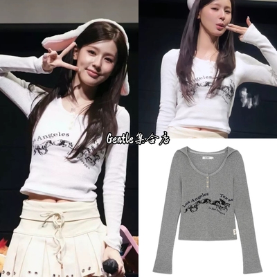 现货 glowny 赵美延 名井南同款涂鸦字母华夫格连帽长袖T恤女