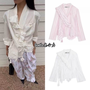 在途现货 OPEN YY 26早春新款不对称褶皱条纹荷叶边V领长袖衬衫