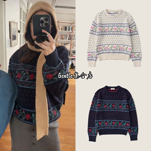 在途现货 Sienne 25秋冬新款 韩国时尚玫瑰提花圆领针织衫毛衣