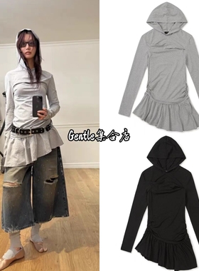 现货 LCDC 25秋冬新韩国小众慵懒风连帽荷叶边下摆不规则连衣裙女