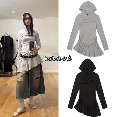 现货 LCDC 25秋冬新韩国小众慵懒风连帽荷叶边下摆不规则连衣裙女