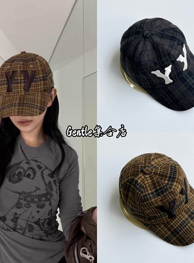 open yy 26早秋新款YY字母刺绣百搭格纹格子棒球帽鸭舌帽棒球帽