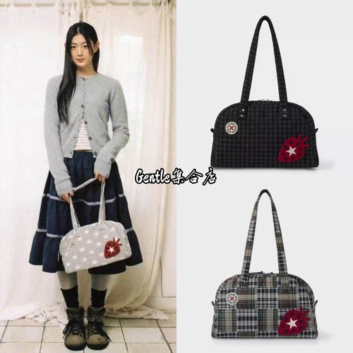 现货 aeae 25新款通勤波士顿星星格纹草莓手提包单肩包斜挎包女