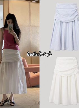 现货 Smoothmood 26夏新款韩系复古条纹双层褶皱抽褶A字半身裙