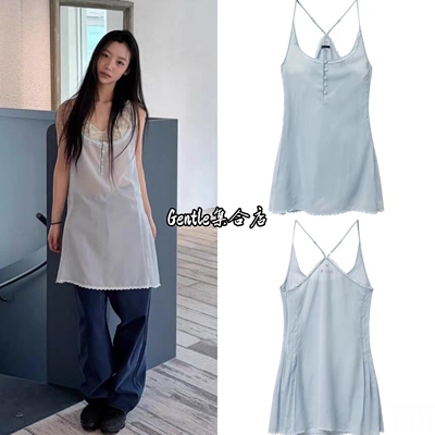 在途 viaplain 2026新款休闲复古蕾丝系扣浅蓝色吊带裙连衣裙女