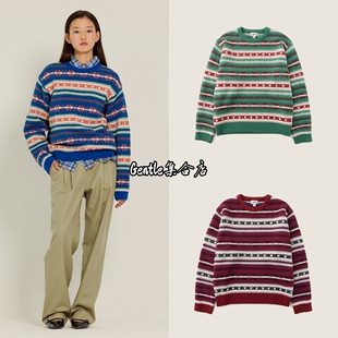 现货 sienne 25秋季新款慵懒风复古提花配色圆领长袖针织衫毛衣