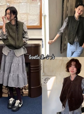 viaplain 25新款法式复古灯芯绒休闲羊毛混纺双排扣马甲背心女