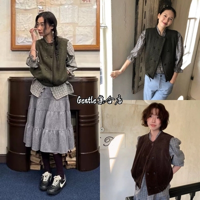 viaplain 25新款法式复古灯芯绒休闲羊毛混纺双排扣马甲背心女