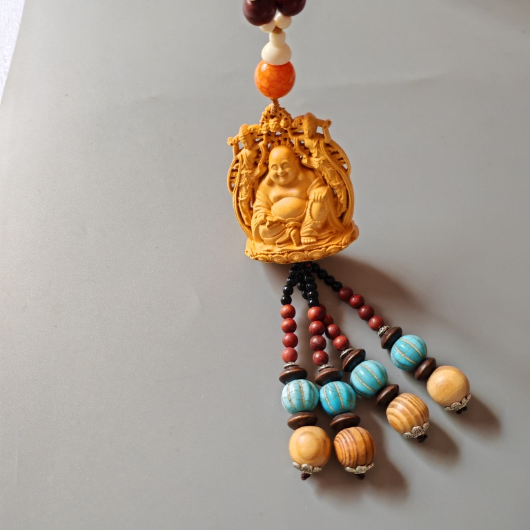 高档木雕汽车挂件弥勒佛保平安车载后视镜车用吊坠车内装饰用品