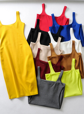 欧美ins风修身弹力性感包臀背心长裙打底中长款无袖连衣裙吊带裙