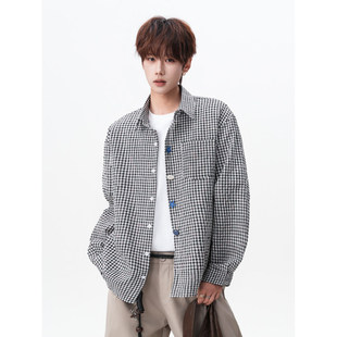 美式贝壳纽扣格子衬衫女男2026春秋季潮牌宽松上衣慵懒风休闲外套