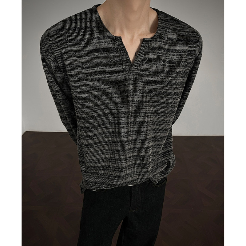 美式复古条纹V领长袖t恤男款秋季高级感慵懒风卫衣内搭打底衫上衣