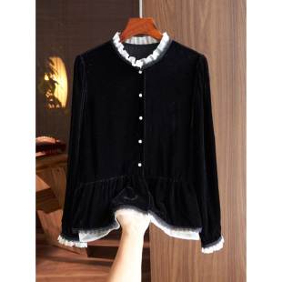 真丝丝绒拼接欧根纱衬衫女秋新款立领显瘦减龄时尚长袖桑蚕丝上衣