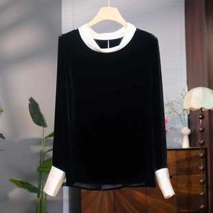 真丝丝绒拼接上衣女秋季新款长袖气质名媛时尚高级感桑蚕丝衬衫