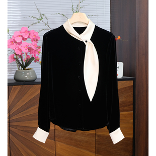 简约气质三醋酸衬衫 不对称时尚 新款 真丝丝绒拼接三醋酸上衣女春季