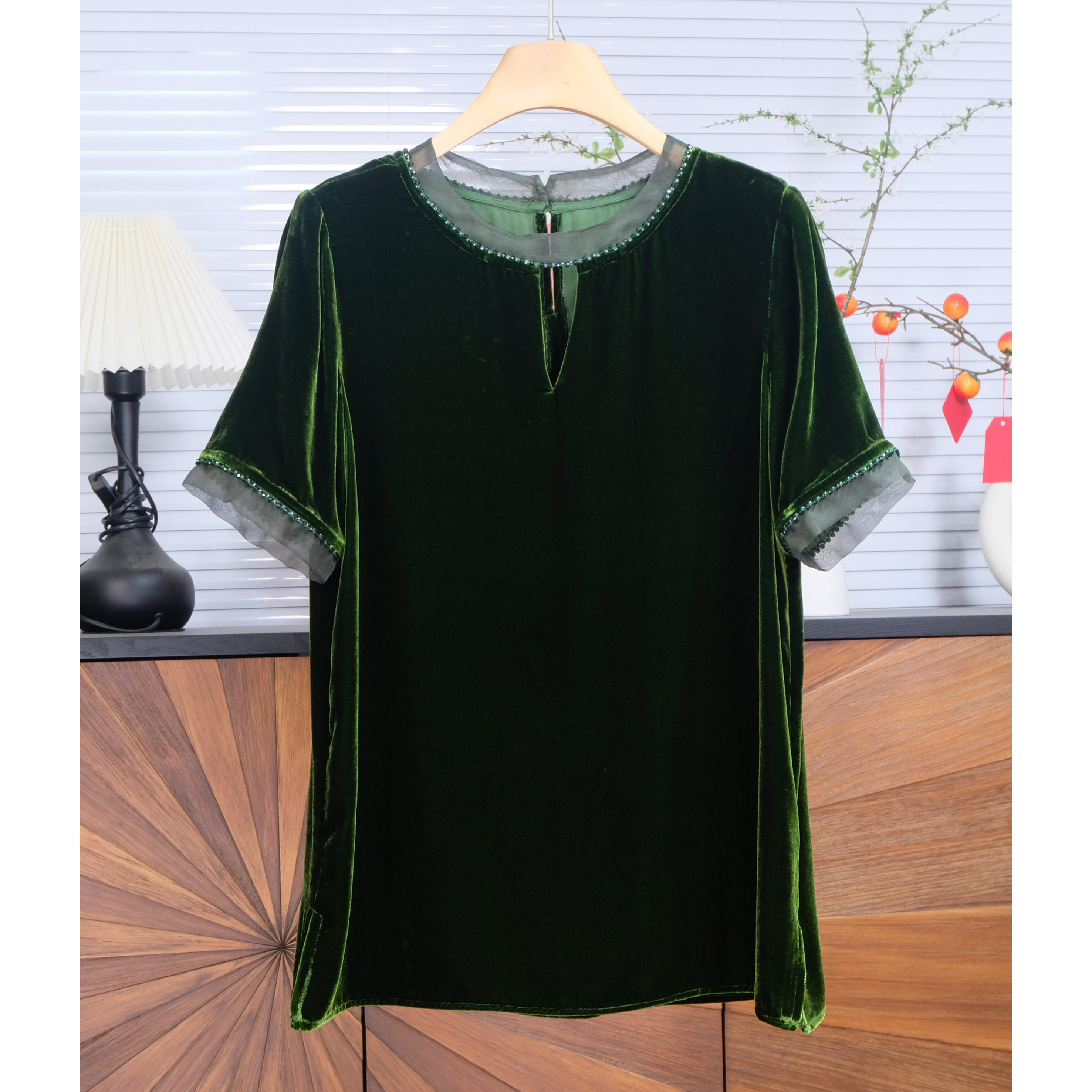 真丝丝绒拼接上衣夏季新款圆领钉珠气质优雅桑蚕丝衬衫